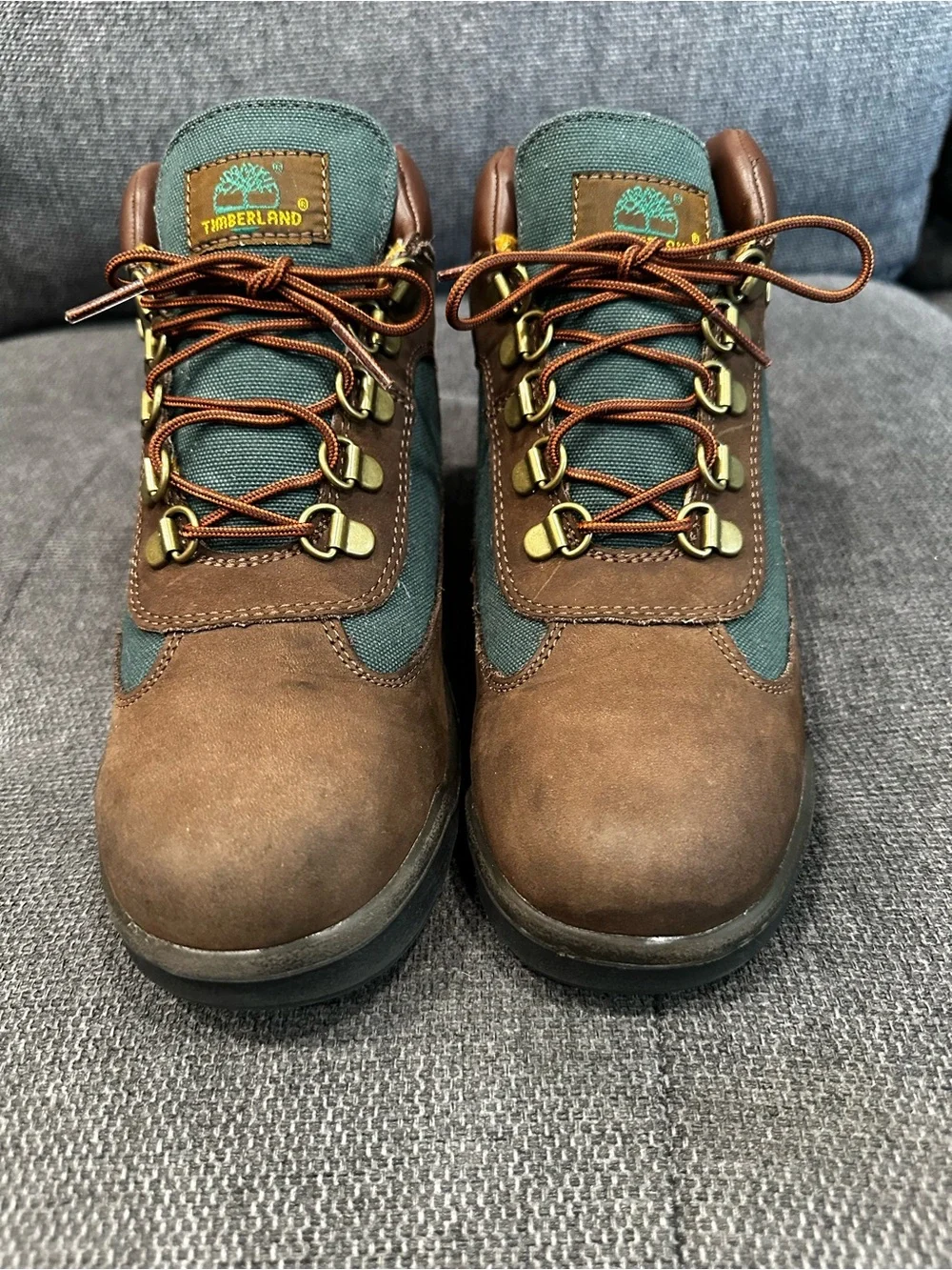 Timberland Brown and Green Fabric Hiking Boots Beef and Broccoli Boys Size 4.5